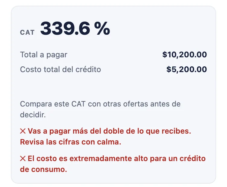 Red warning about a loan with a 339.6% CAT and repayment above twice the amount borrowed