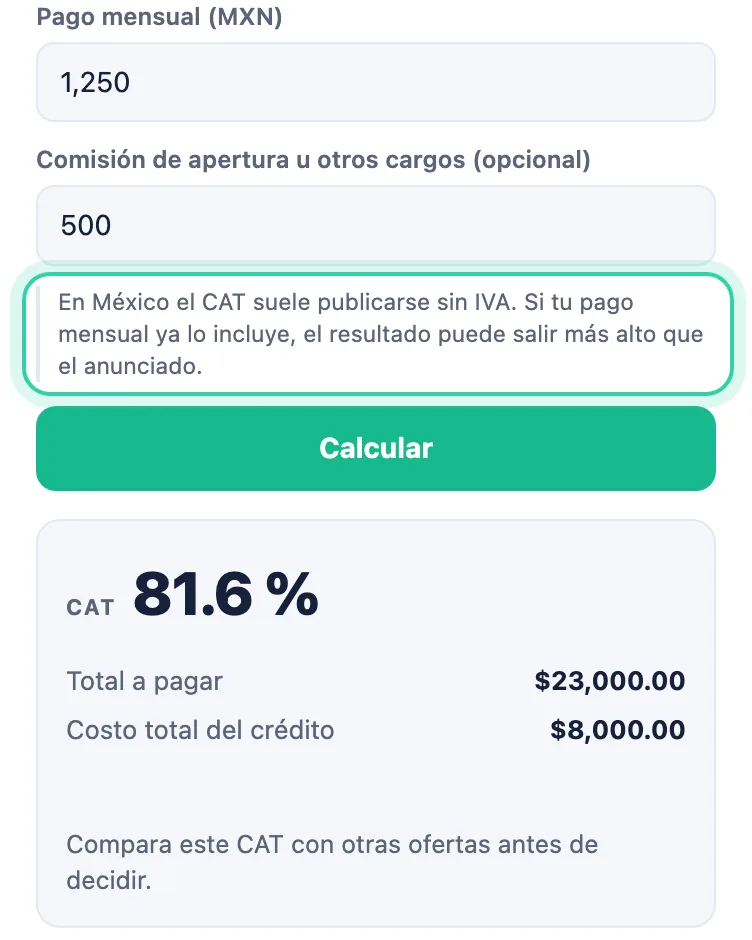 Calculation including a 500-peso opening fee in the CAT