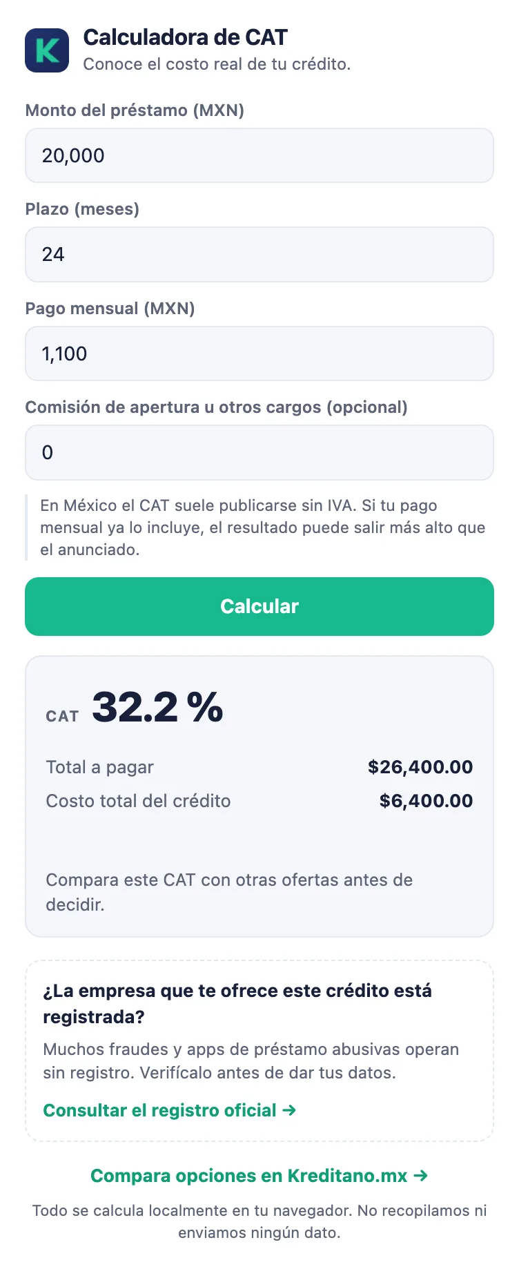 Extension window showing the calculated CAT, total to pay and cost of credit